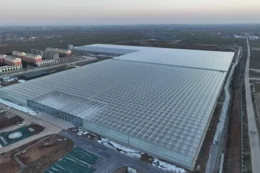 Berg Hortimotive wagens rijden rond in de eerste hightech kas in Henan, China